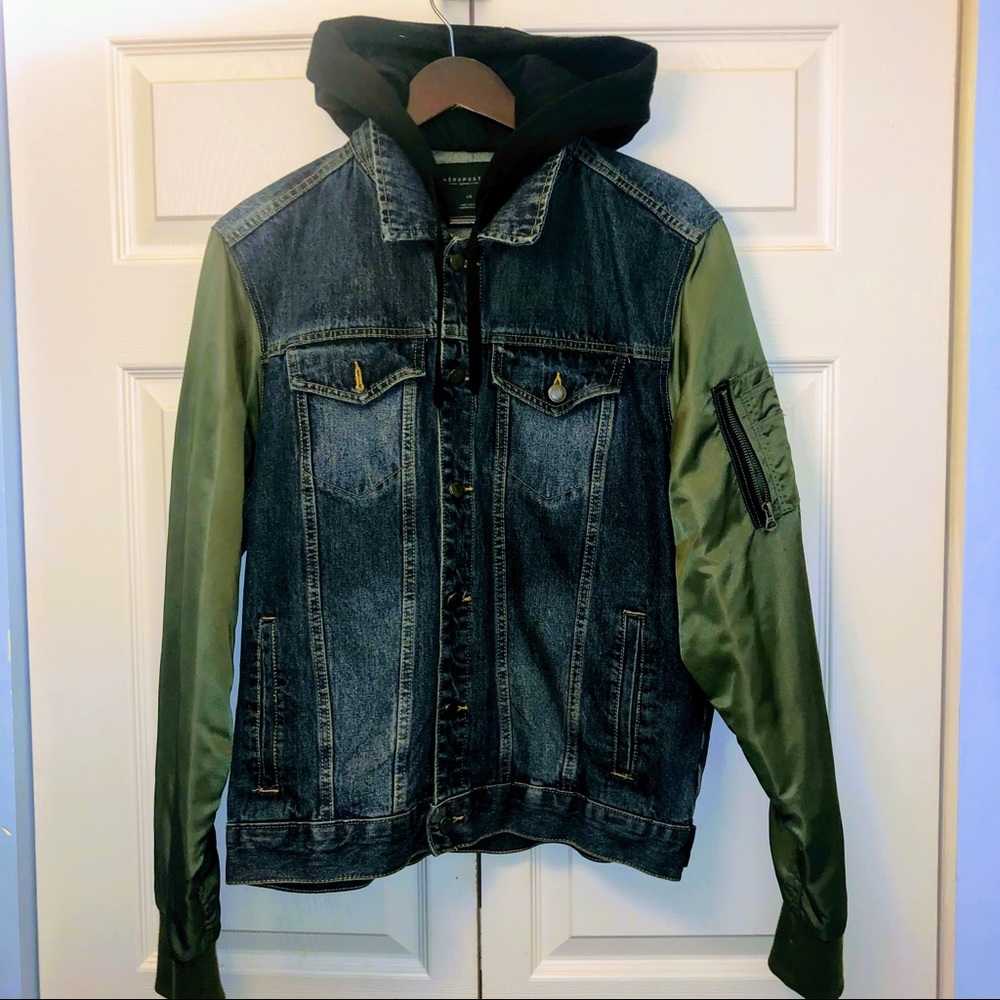 Aeropostale Hooded Green Sleeves Denim Jacket